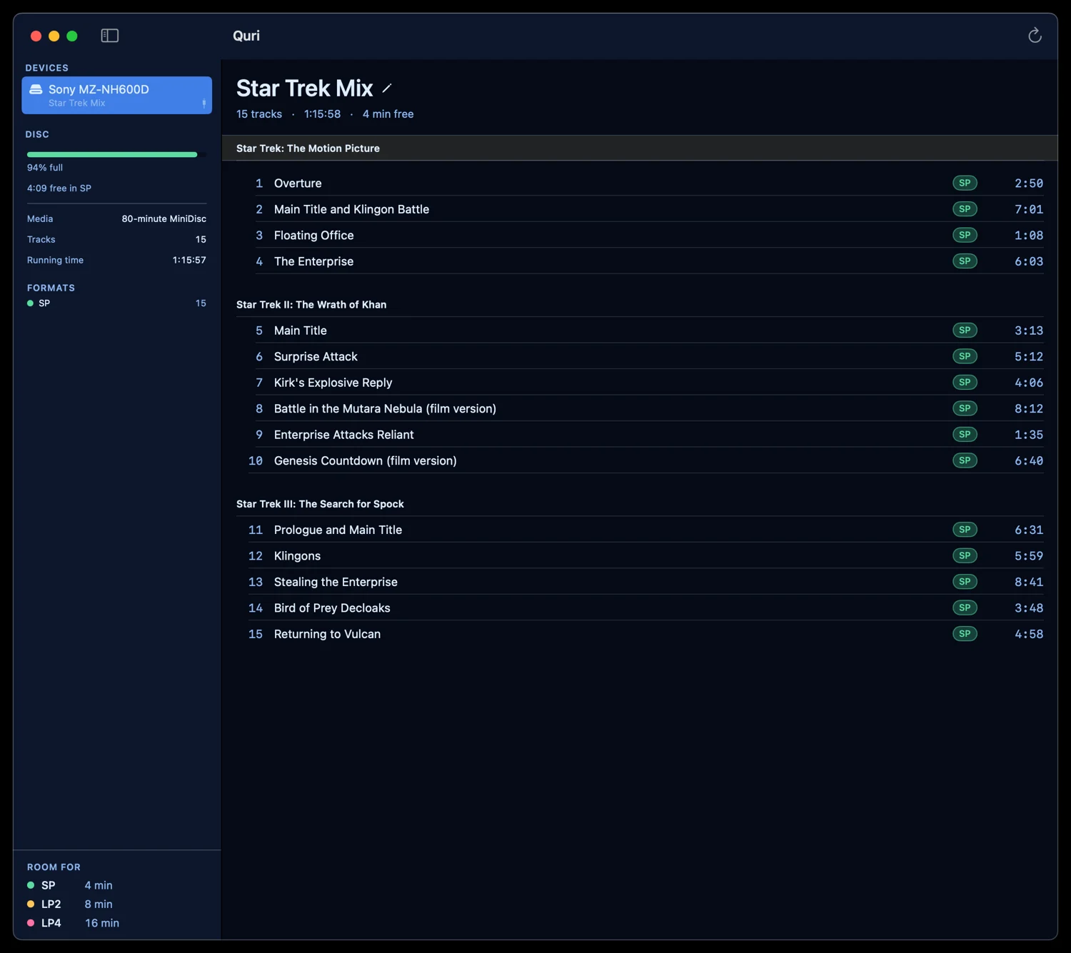 A disc titled Star Trek Mix, its fifteen tracks grouped under three album headings.