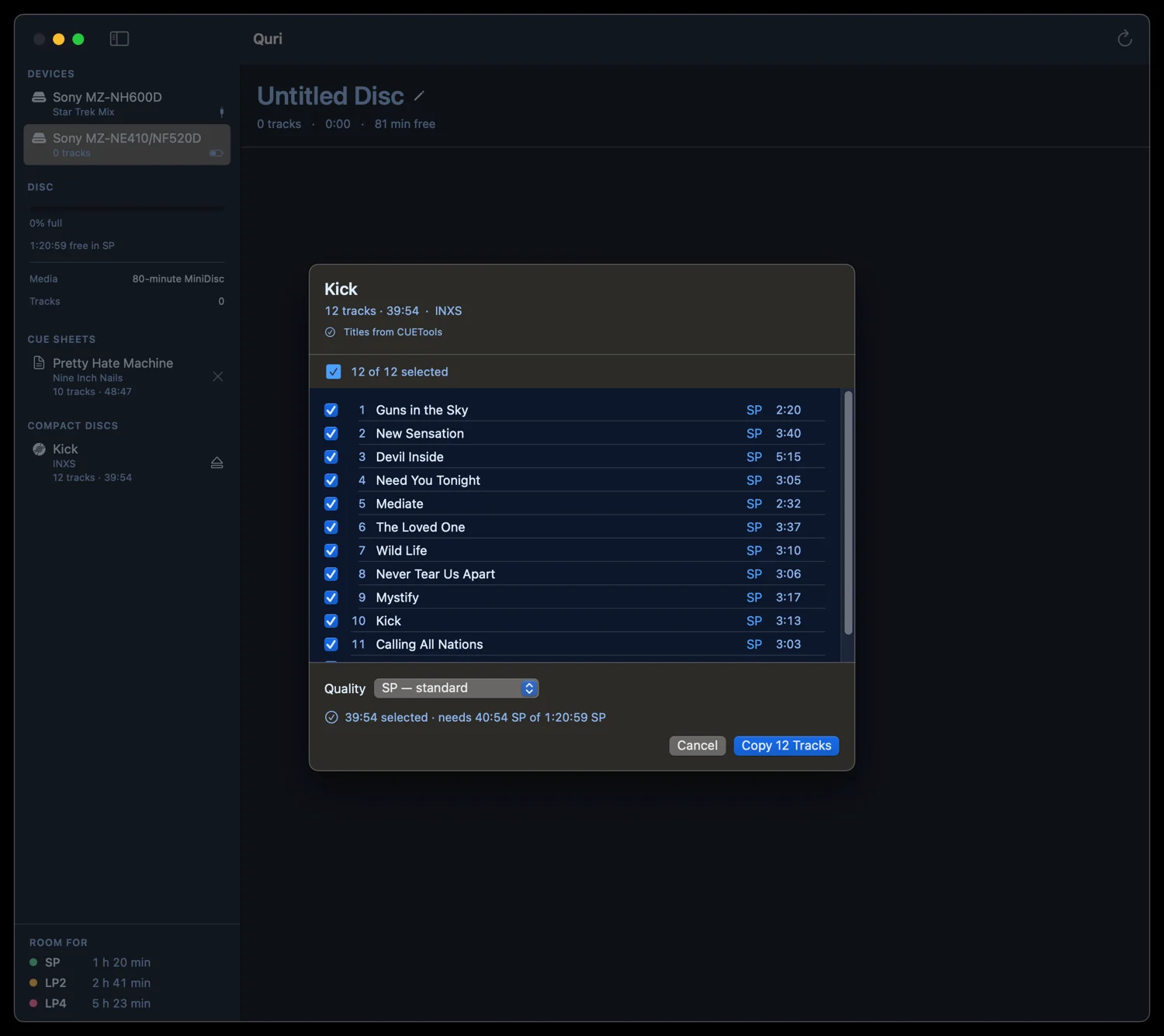 A sheet listing the twelve tracks of an audio CD with titles filled in, a quality menu set to SP, and a Copy 12 Tracks button.