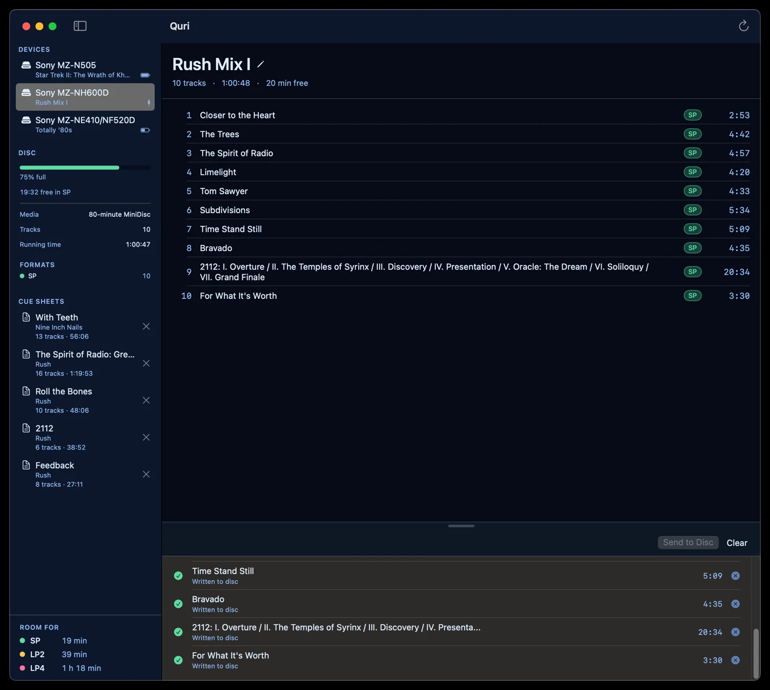 Three Sony recorders listed in the sidebar at once, each showing its disc title and battery level.