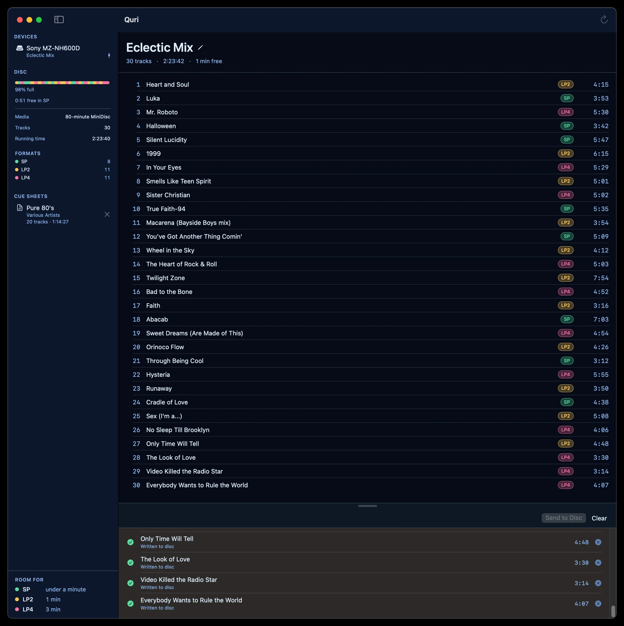 Quri showing an 80-minute MiniDisc titled Eclectic Mix with 30 tracks, each tagged SP, LP2 or LP4, and a queue of tracks already written to the disc.